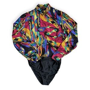 Vintage 90s X by Christyne Forti 100% Silk Beaded L/S Bodysuit, sz 4